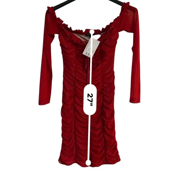 Cotton Candy Ruched Mesh Off Shoulder Corset Lace-Up Long Sleeve Dress Red Small - Picture 2 of 6